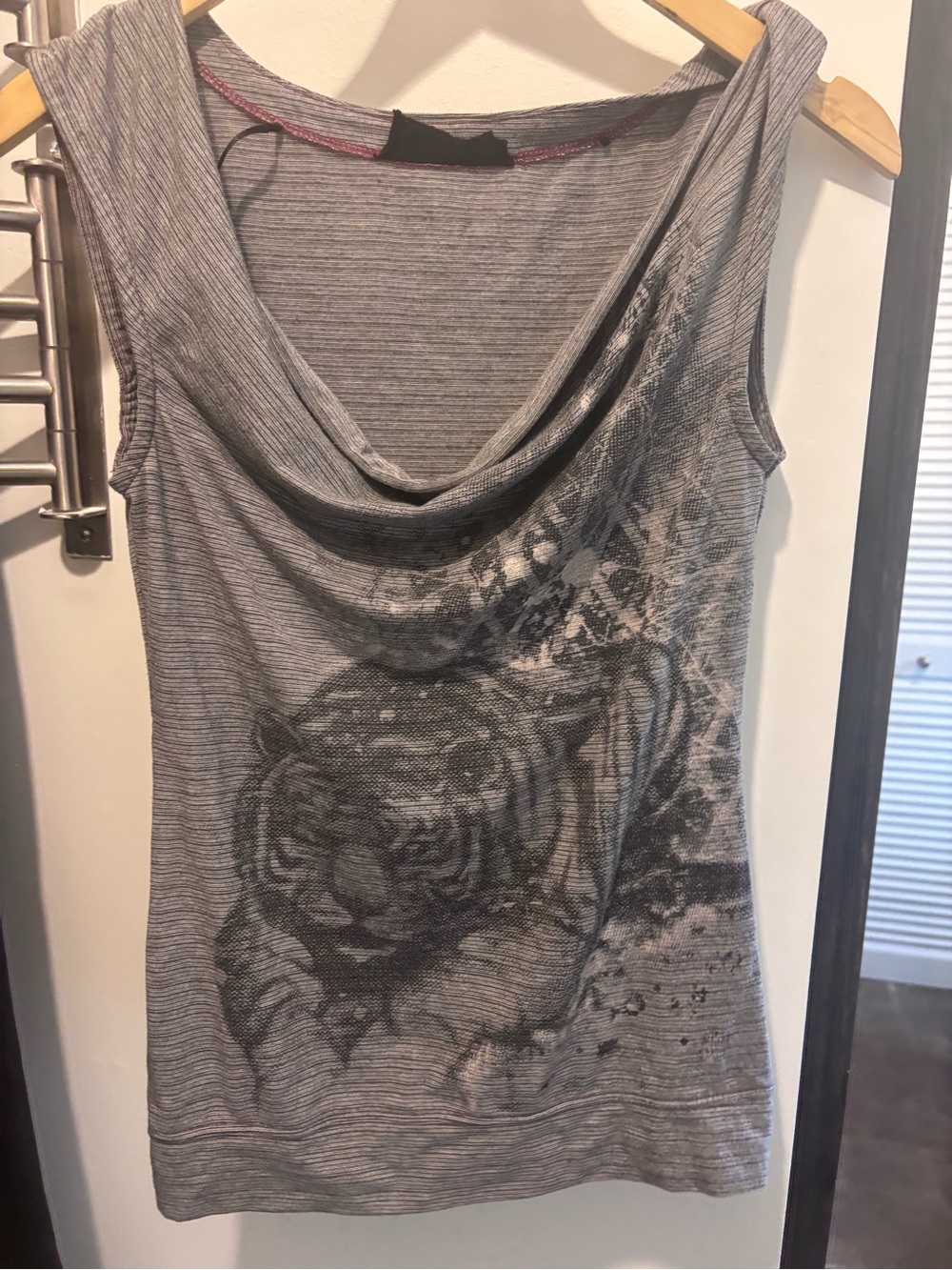 Sleeveless Gray Cowl Neck Tiger Print Top